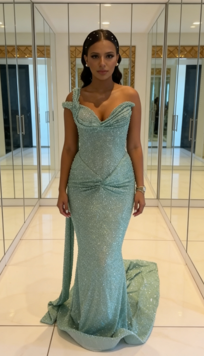 Elegant One-shoulder Sheath Tiffany Blue Long Prom Dresses, Glitter Tiffany Blue Evening Gowns ED05194