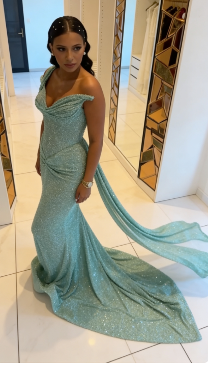 Elegant One-shoulder Sheath Tiffany Blue Long Prom Dresses, Glitter Tiffany Blue Evening Gowns ED05194