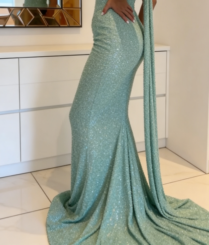 Elegant One-shoulder Sheath Tiffany Blue Long Prom Dresses, Glitter Tiffany Blue Evening Gowns ED05194
