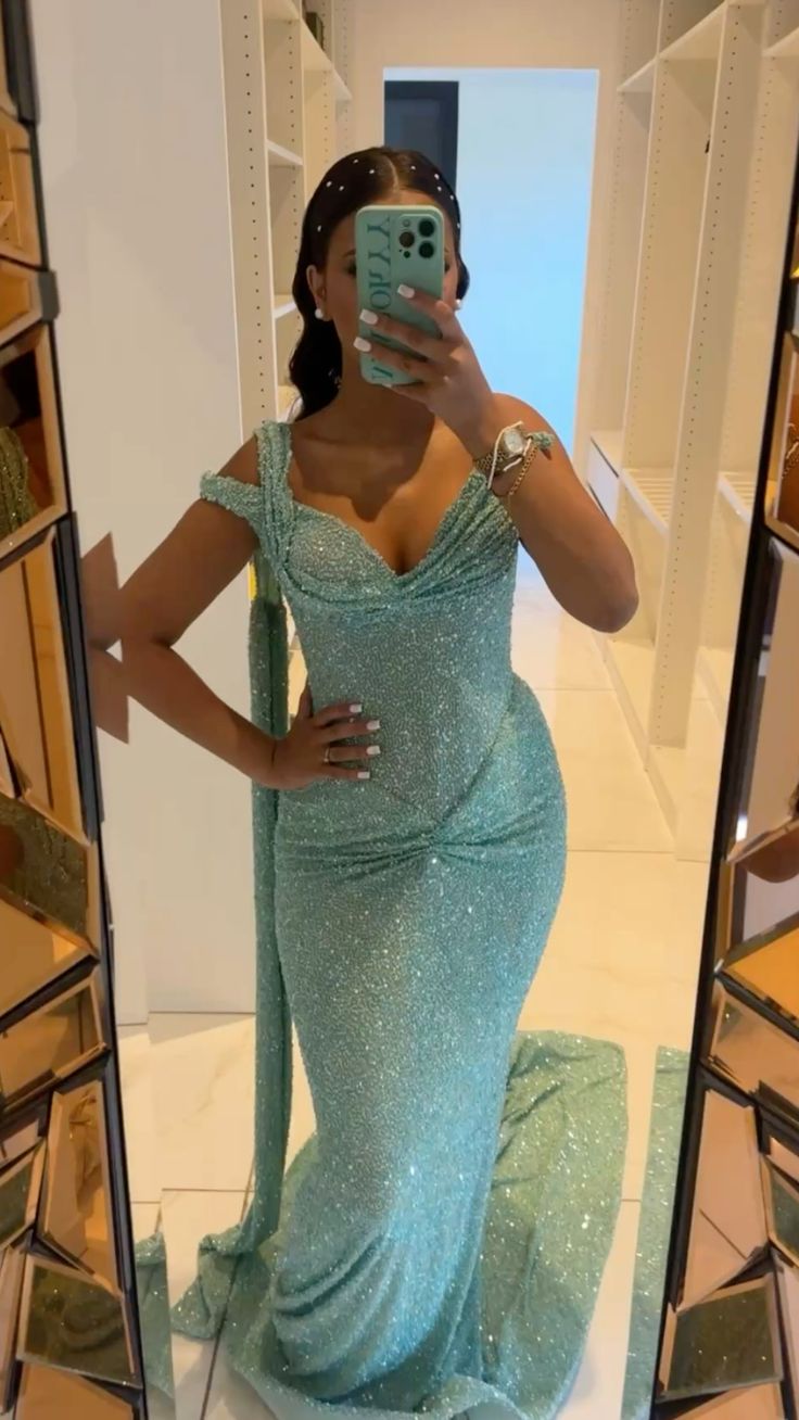 Elegant One-shoulder Sheath Tiffany Blue Long Prom Dresses, Glitter Tiffany Blue Evening Gowns ED05194