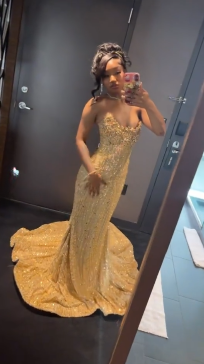 Sexy Strapless Mermaid Gold Long Prom Dresses Beaded Gold Evening Gowns ED05195