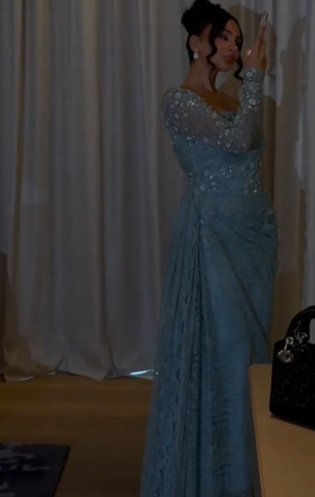 Glam Off-shoulder Sheath Blue Long Prom Dresses  Lace Blue Evening Gowns ED05199