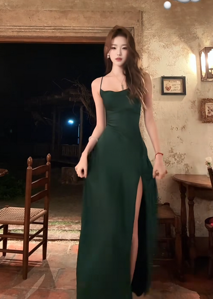 Sexy Spaghetti Straps Sheath Dark Green Long Prom Dresses Satin Dark Green Formal Dresses Backless Birthday Dresses with Slit ED05208