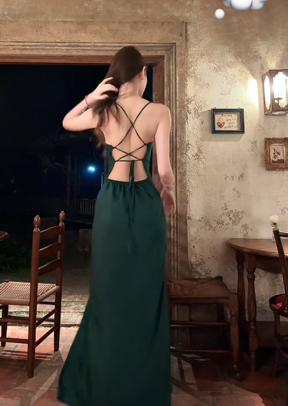 Sexy Spaghetti Straps Sheath Dark Green Long Prom Dresses Satin Dark Green Formal Dresses Backless Birthday Dresses with Slit ED05208