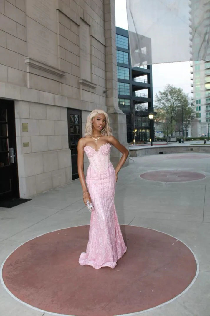 Elegant Sweetheart Mermaid Pink Long Prom Dresses Beaded Pink Formal Dresses ED05210