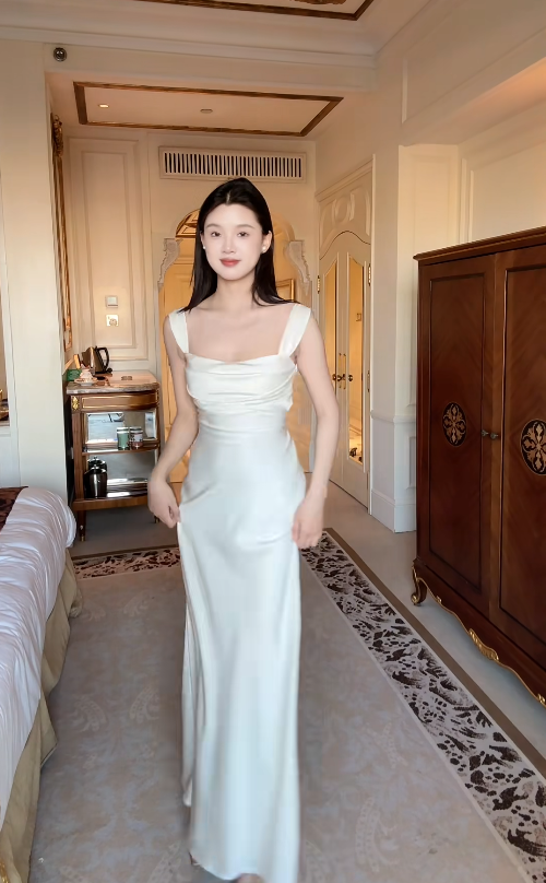 Elegant Straps Sheath White Long Prom Dresses Satin White Formal Dresses ED05211