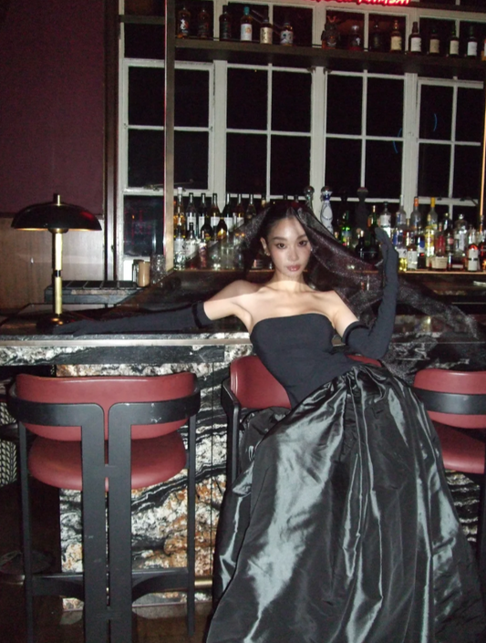 Elegant Strapless Sheath Black Long Prom Dresses Satin Black Formal Dresses  ED05212