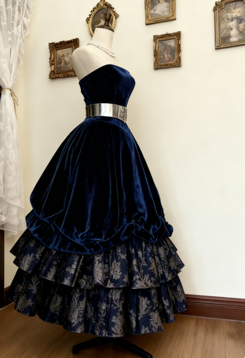 Glam Strapless A-Line Navy Blue Long Prom Dresses Velvet Navy Blue Formal Dresses ED05216