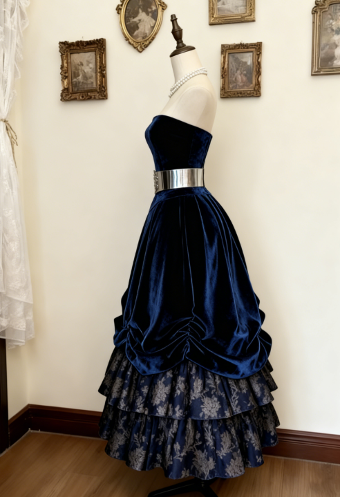 Glam Strapless A-Line Navy Blue Long Prom Dresses Velvet Navy Blue Formal Dresses ED05216