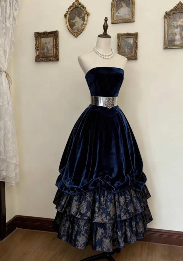 Glam Strapless A-Line Navy Blue Long Prom Dresses Velvet Navy Blue Formal Dresses ED05216