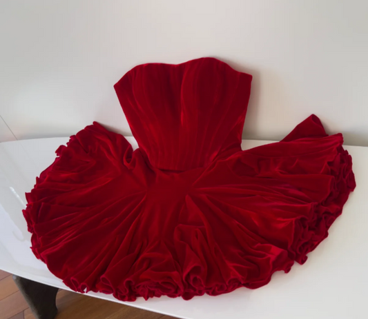 Cute Strapless A-Line Short Prom Dresses, Velvet Burgundy Birthday Dresses, 2025 Christmas Outfits ED05217