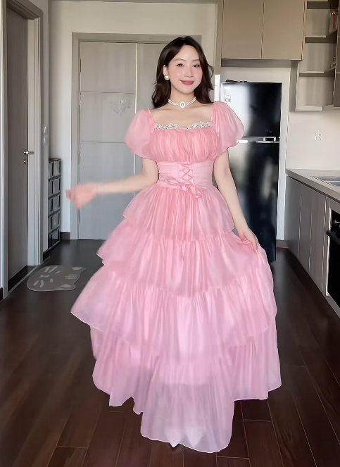 Cute Square Neck A-Line Long Prom Dresses, Tulle Pink Birthday Dresses, 2025 Christmas Outfit ED05218