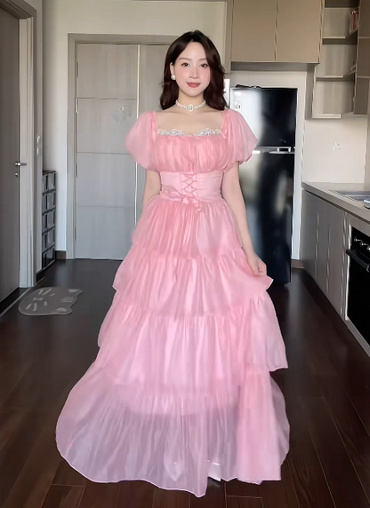 Cute Square Neck A-Line Long Prom Dresses, Tulle Pink Birthday Dresses, 2025 Christmas Outfit ED05218