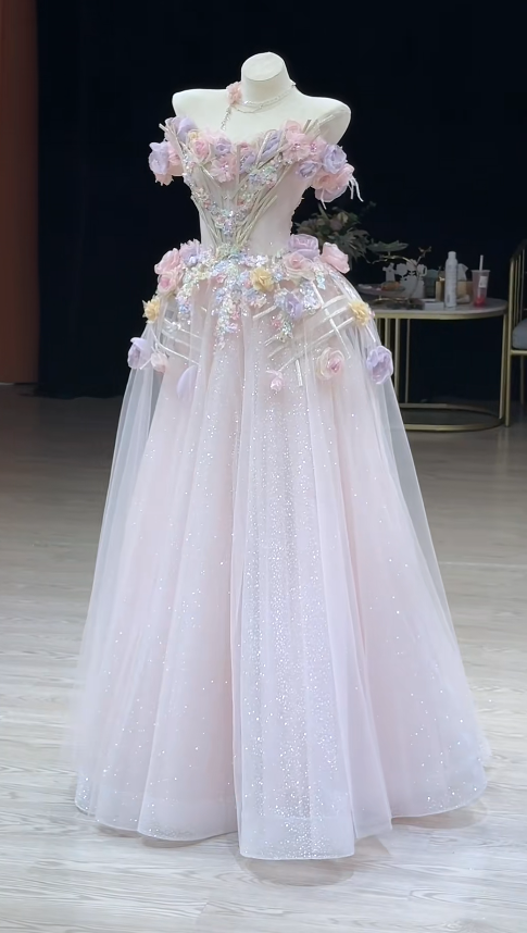 Cute Off-shoulder A-Line Long Prom Dresses Tulle Light Pink Birthday Dresses ED05219
