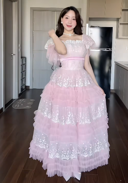 Cute Off-shoulder A-Line Long Prom Dresses Lace Tulle Light Pink Birthday Dresses ED05220