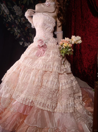 Fairy Strapless Ball Gown Long Prom Dresses Lace Tulle Pink Quinceanera Dresses Sweet 16 Dress  ED05221