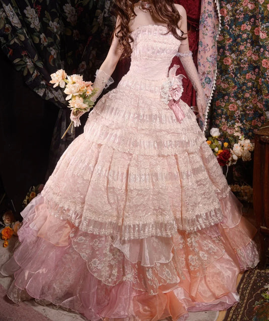 Fairy Strapless Ball Gown Long Prom Dresses Lace Tulle Pink Quinceanera Dresses Sweet 16 Dress  ED05221