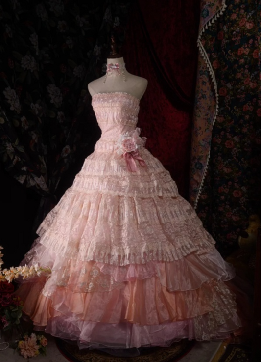 Fairy Strapless Ball Gown Long Prom Dresses Lace Tulle Pink Quinceanera Dresses Sweet 16 Dress  ED05221