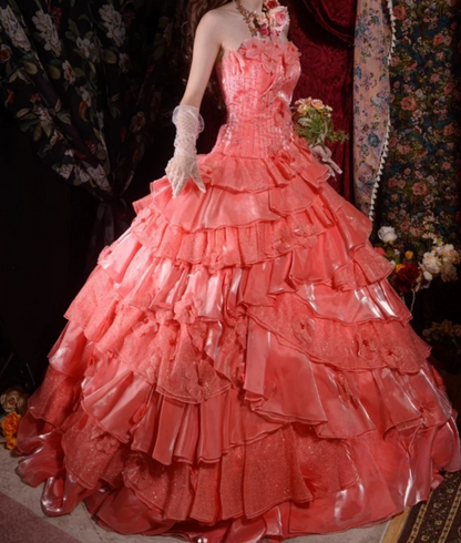 Fairy Strapless Ball Gown Long Prom Dresses Tulle Coral Quinceanera Dresses Sweet 16 Dress ED05223