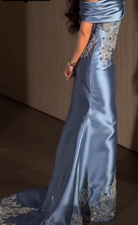 Elegant Off-shoulder Sheath Long Prom Dresses Satin Appliques Grey Blue Evening Gowns ED05226
