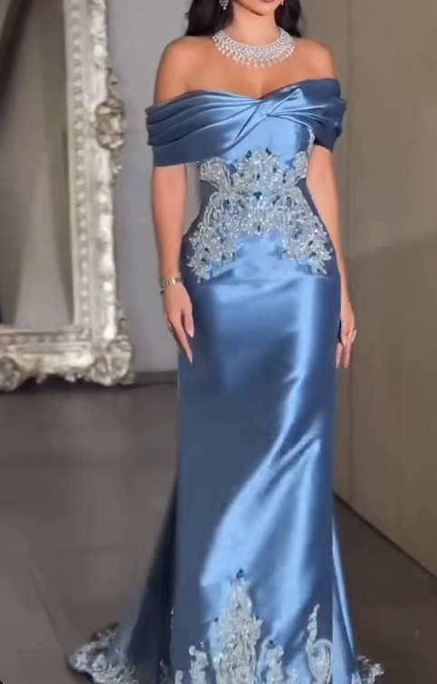 Elegant Off-shoulder Sheath Long Prom Dresses Satin Appliques Grey Blue Evening Gowns ED05226