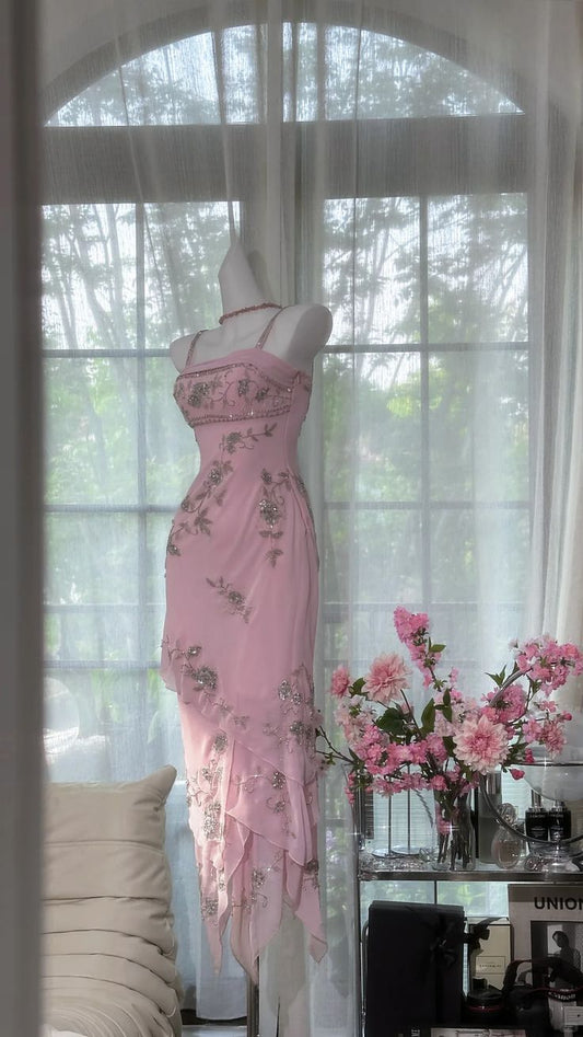 Vintage Spaghetti Straps Sheath Long Prom Dresses Chiffon Beaded Yellow Formal Dresses ED05231