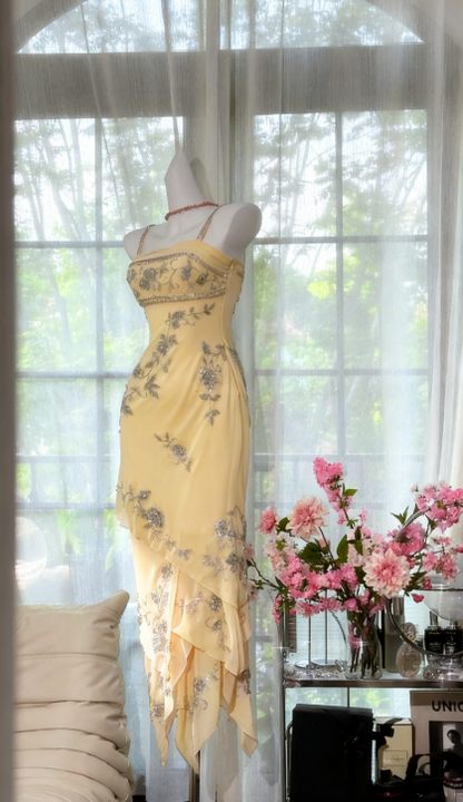 Vintage Spaghetti Straps Sheath Long Prom Dresses Chiffon Beaded Yellow Formal Dresses ED05231