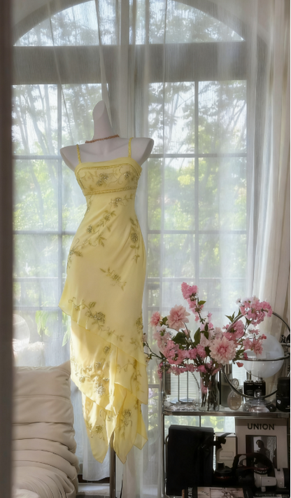 Vintage Spaghetti Straps Sheath Long Prom Dresses Chiffon Beaded Yellow Formal Dresses ED05231