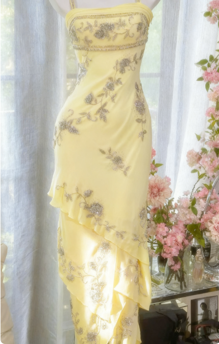 Vintage Spaghetti Straps Sheath Long Prom Dresses Chiffon Beaded Yellow Formal Dresses ED05231