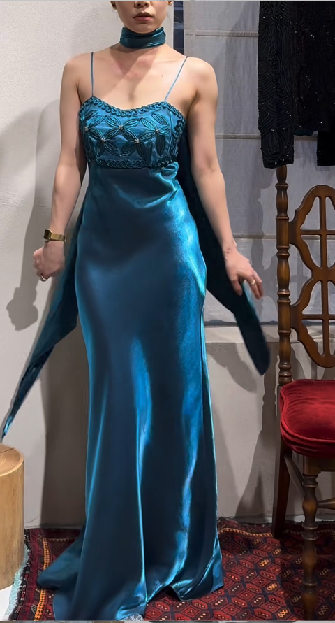 Vintage Spaghetti Straps Sheath  Long Prom Dresses Satin Teal Formal Dresses ED05233