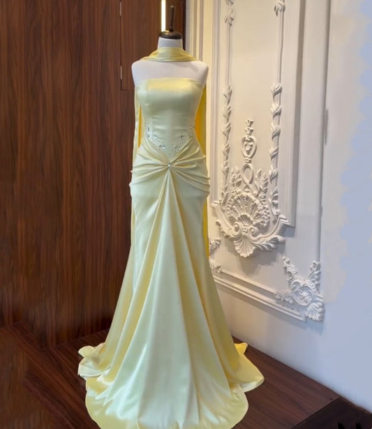 Chic Strapless Sheath Long Prom Dresses Satin Yellow Formal Dresses ED05234