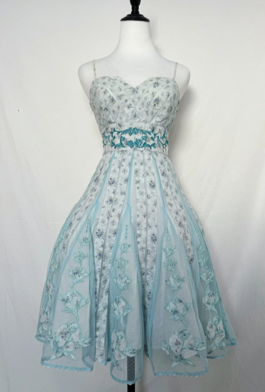 Chic Spaghetti Straps A-Line Short Prom Dresses Tulle Applique Blue Formal Dresses ED05235