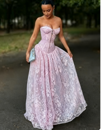 Elegant Sweetheart A-Line Long Prom Dress Lace Pink Evening Dresses ED05241