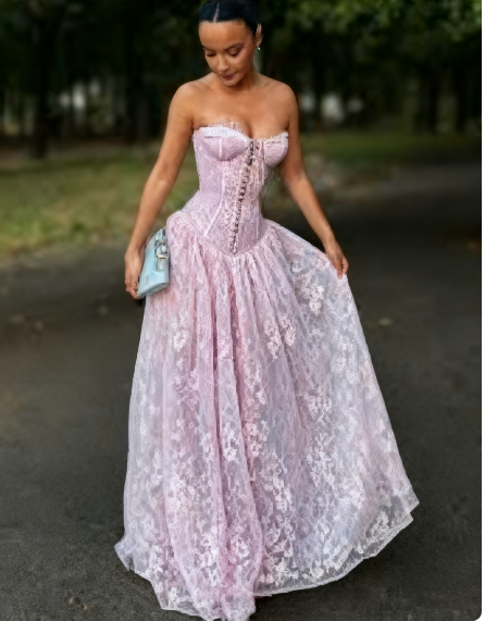 Elegant Sweetheart A-Line Long Prom Dress Lace Pink Evening Dresses ED05241
