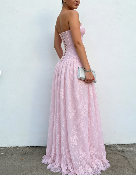 Elegant Sweetheart A-Line Long Prom Dress Lace Pink Evening Dresses ED05241