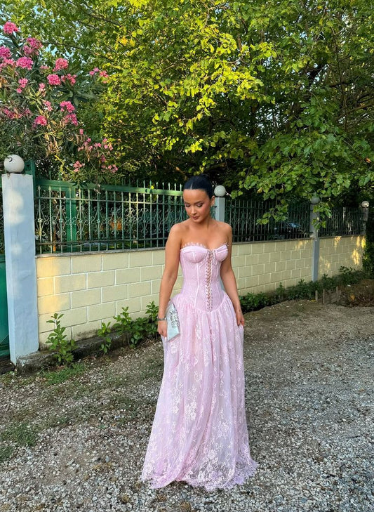 Elegant Sweetheart A-Line Long Prom Dress Lace Pink Evening Dresses ED05241