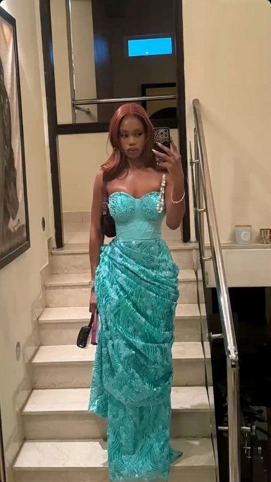 Elegant Sweetheart Sheath Long Prom Dress Lace Turquoise Evening Dresses ED05242