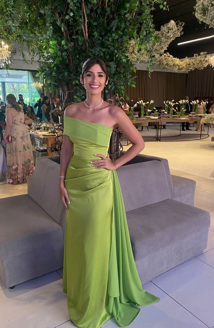 Glam One-shoulder Sheath Long Prom Dress Satin Bud Green Wedding Guest Dresses ED05243