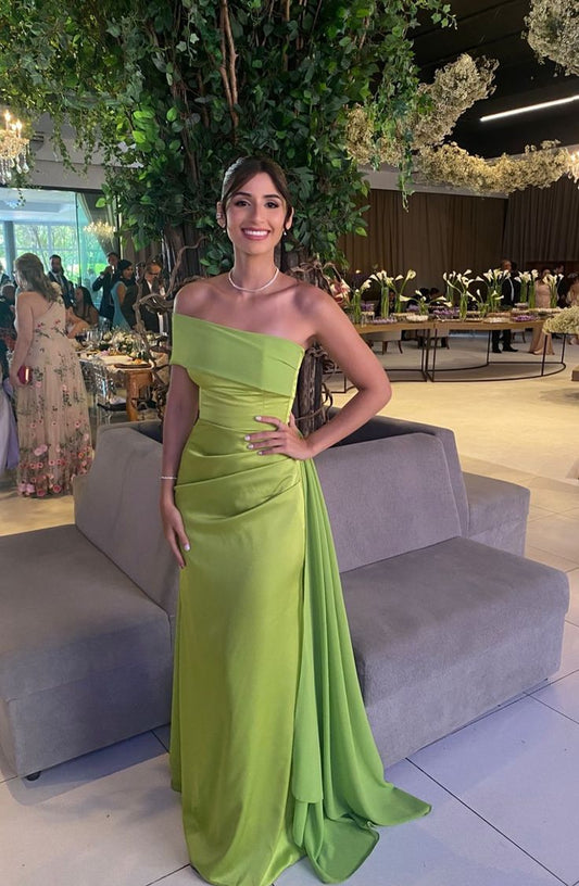 Glam One-shoulder Sheath Long Prom Dress Satin Bud Green Wedding Guest Dresses ED05243