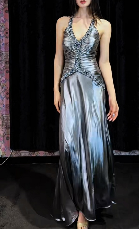 Glam Halter Sheath Long Prom Dress Satin Silver Grey Wedding Guest Dresses ED05244