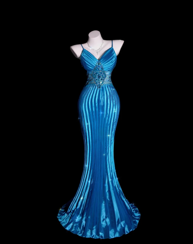 Glam V-Neck Sheath Long Prom Dress Satin Pleated Blue Wedding Guest Dresses ED05245