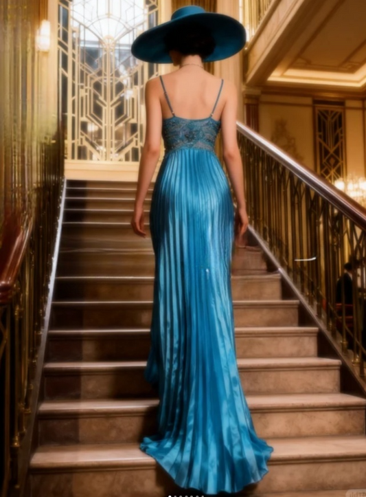 Glam V-Neck Sheath Long Prom Dress Satin Pleated Blue Wedding Guest Dresses ED05245