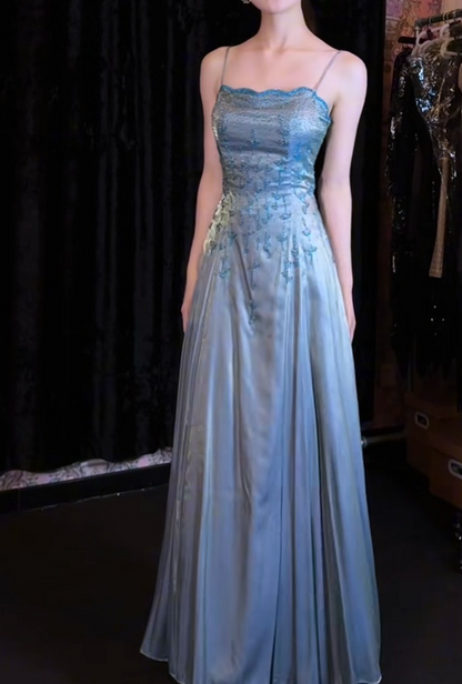 Vintage  Spaghetti Straps Sheath Long Prom Dress Satin Beaded Grey Blue Formal Dresses Sleeveless Party Dresses ED05249
