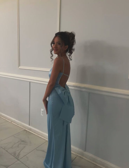 Sexy Spaghetti Straps Sheath Long Prom Dresses Satin Blue Formal Dresses with Open Back ED05253