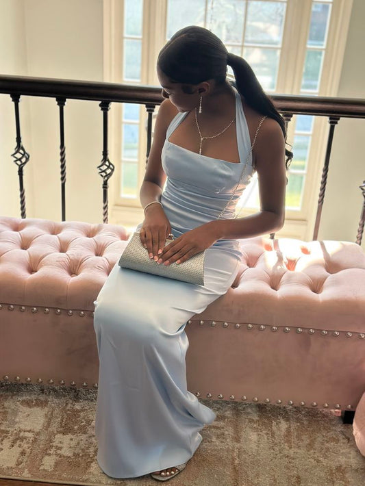 Chic Halter Sheath Long Prom Dresses Satin Blue Bridesmaid Dresses Sleeveless Formal Dresses ED05255