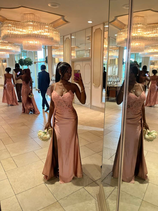 Chic Spaghetti Straps Sheath Long Prom Dresses Satin Pink Bridesmaid Dresses Sleeveless Formal Dresses with Slits ED05256