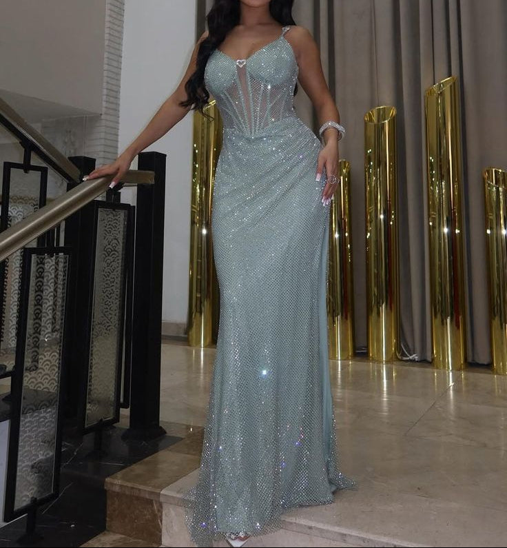 Elegant Spaghetti Straps Sheath  Long Prom Dresses Glitter Tulle Formal Dresses ED05260