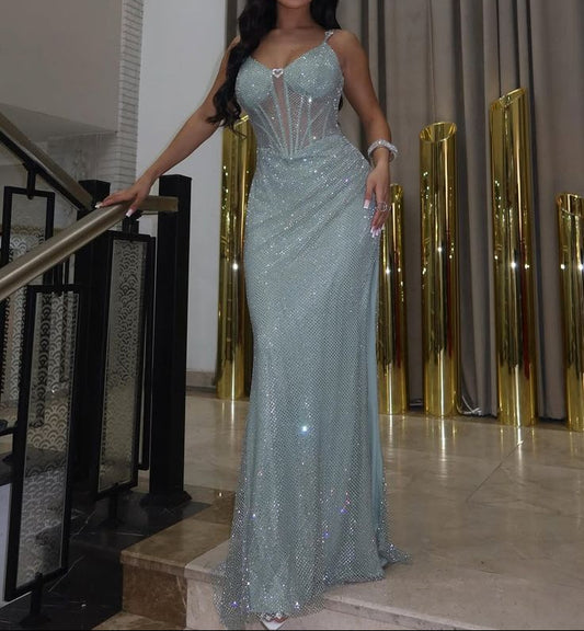 Elegant Spaghetti Straps Sheath  Long Prom Dresses Glitter Tulle Formal Dresses ED05260