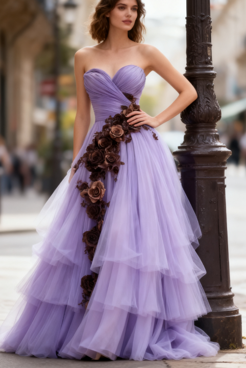 Elegant Sweetheart Neck A-Line Long Prom Dresses Tulle Lilac Birthday Dresses Sweet 16 Dress ED05264