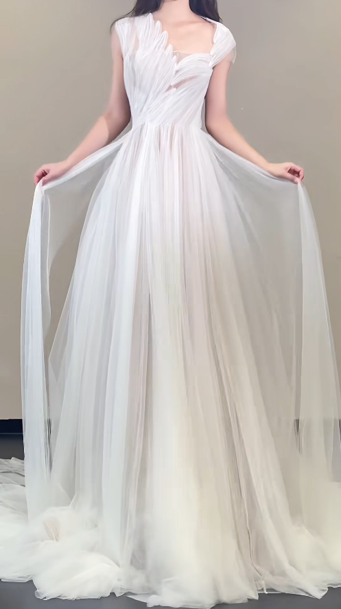 Simple A-Line Long Wedding Dresses Tulle White Bridal Gowns Short Sleeves Bridal Dresses ED05268